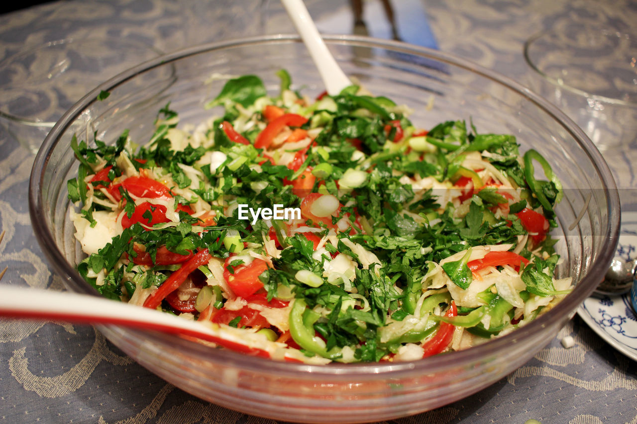 Close-up of salad in bowl on table