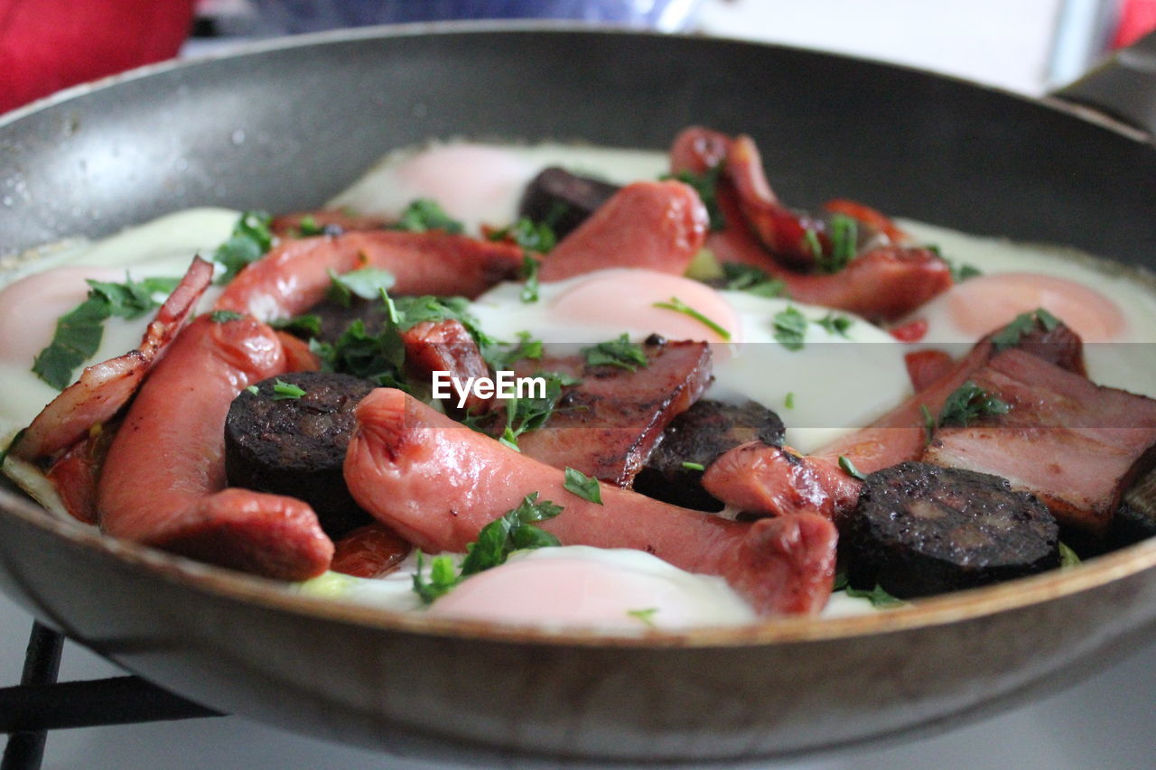 High angle view of food in cooking pan