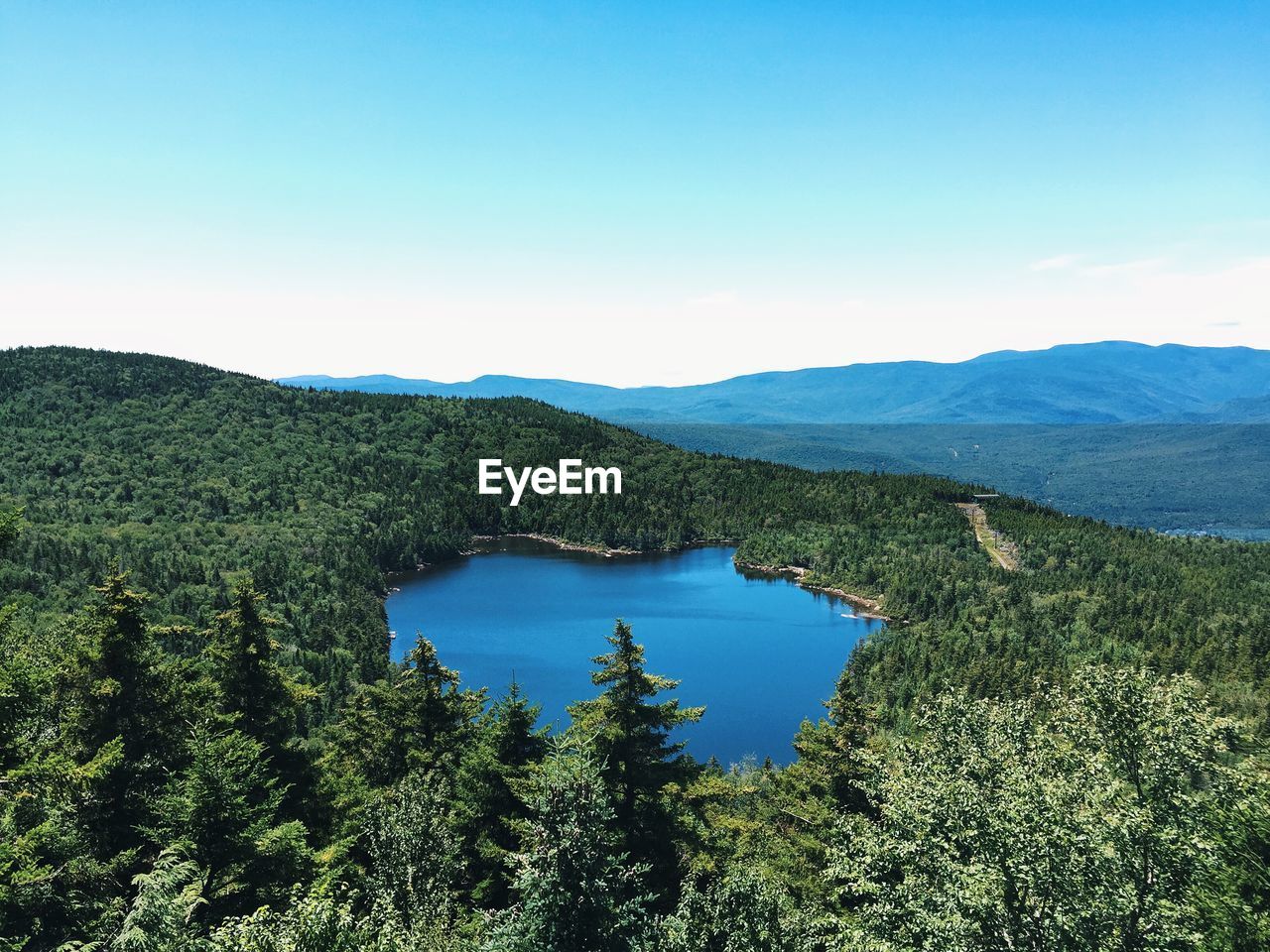 Scenic view of lake amidst green landscape against clear sky