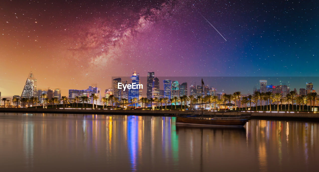 ILLUMINATED BUILDINGS BY RIVER AGAINST SKY IN CITY