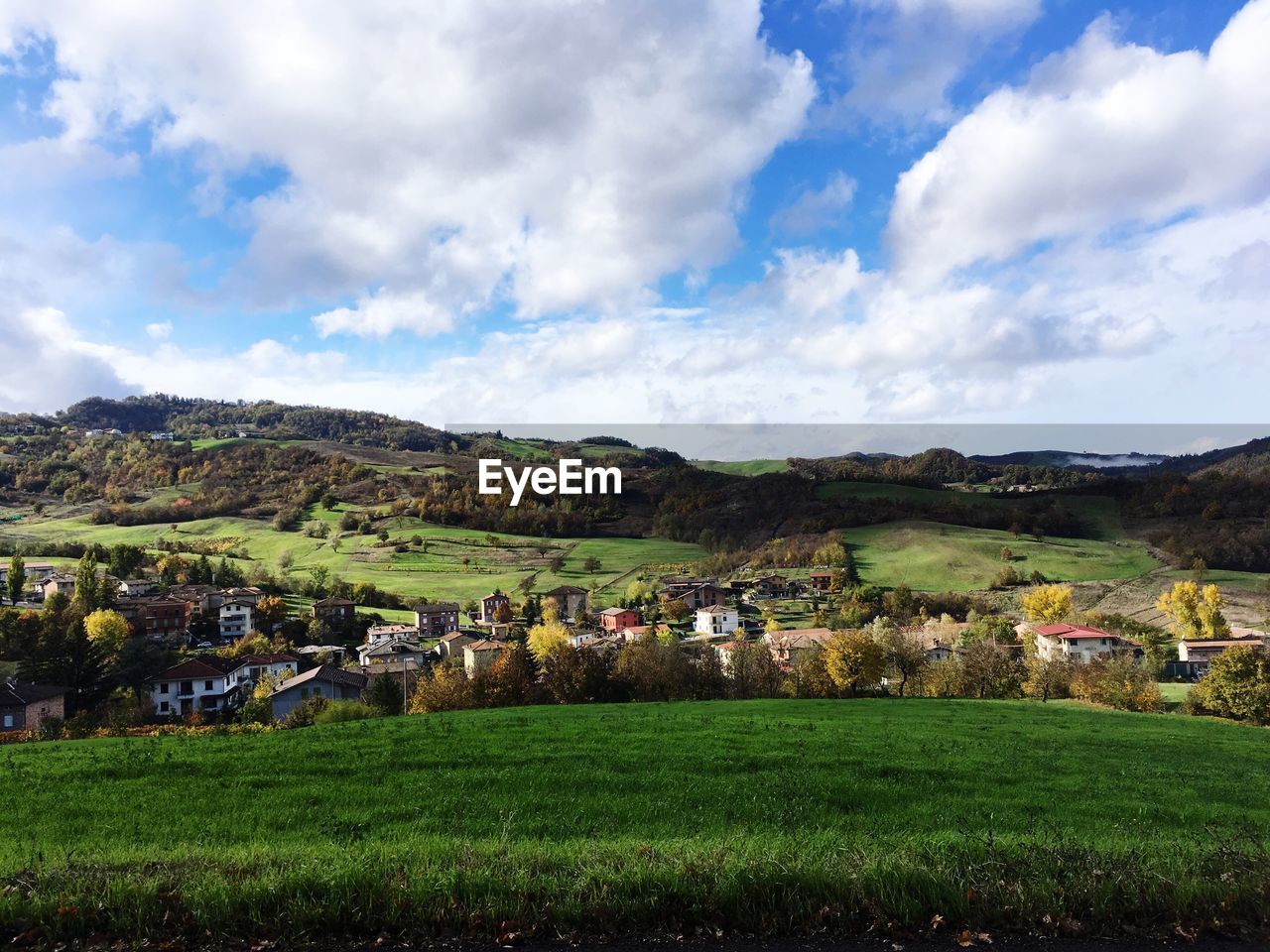 Scenic view of agricultural field against sky