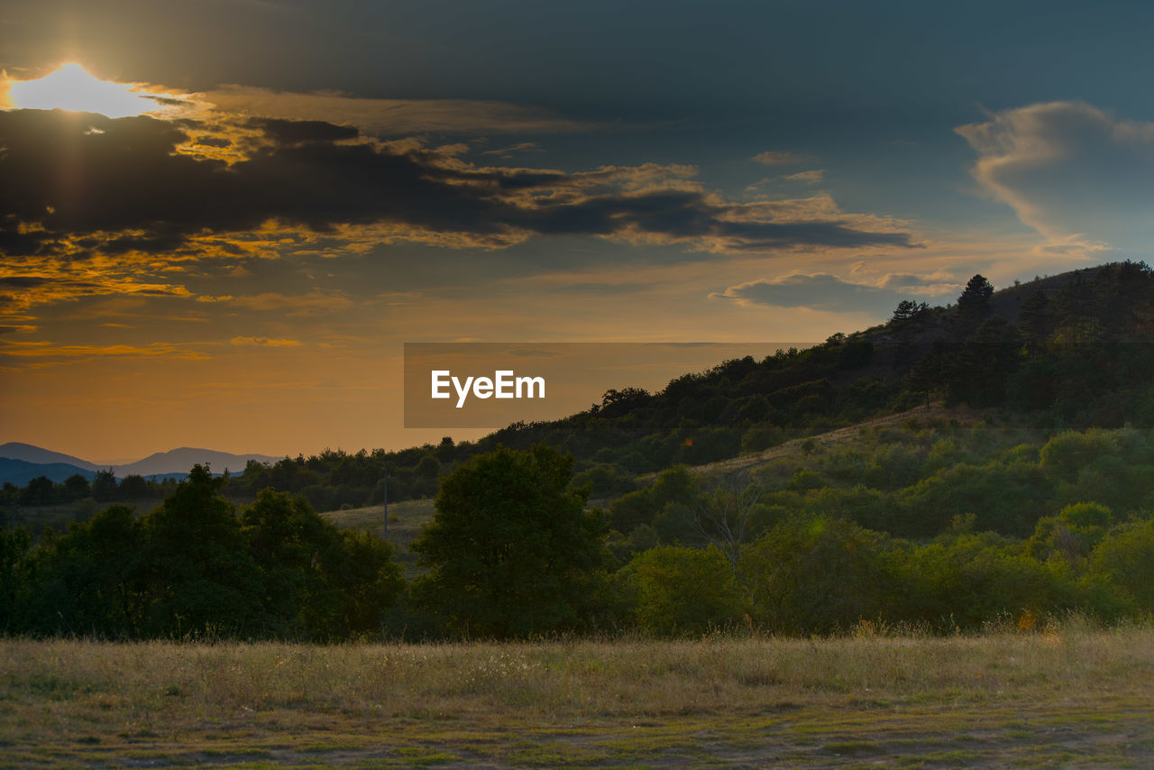 Scenic view of field against sky during sunset