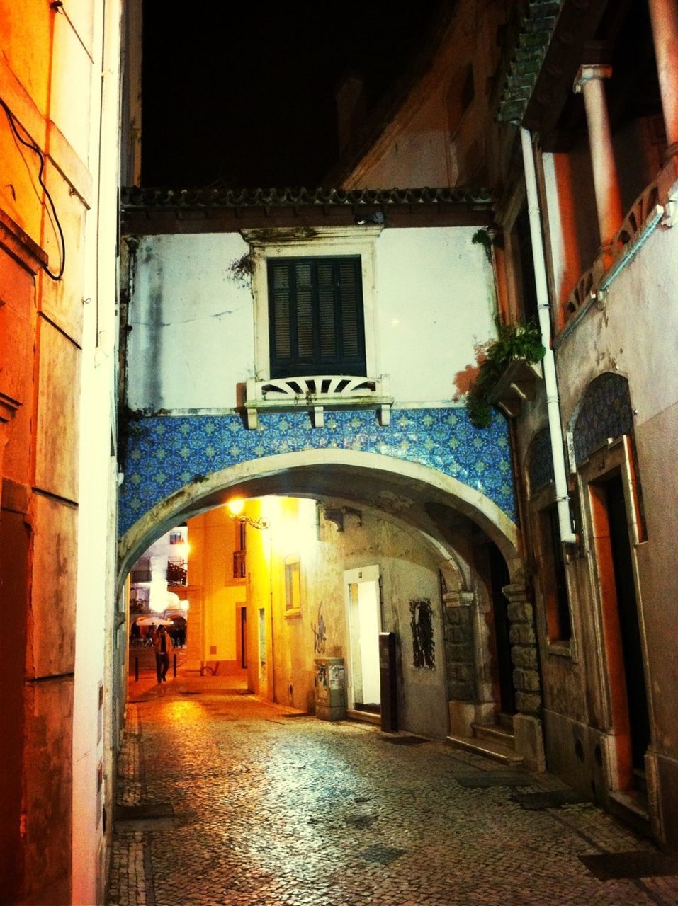 Footpath amidst residential buildings at night