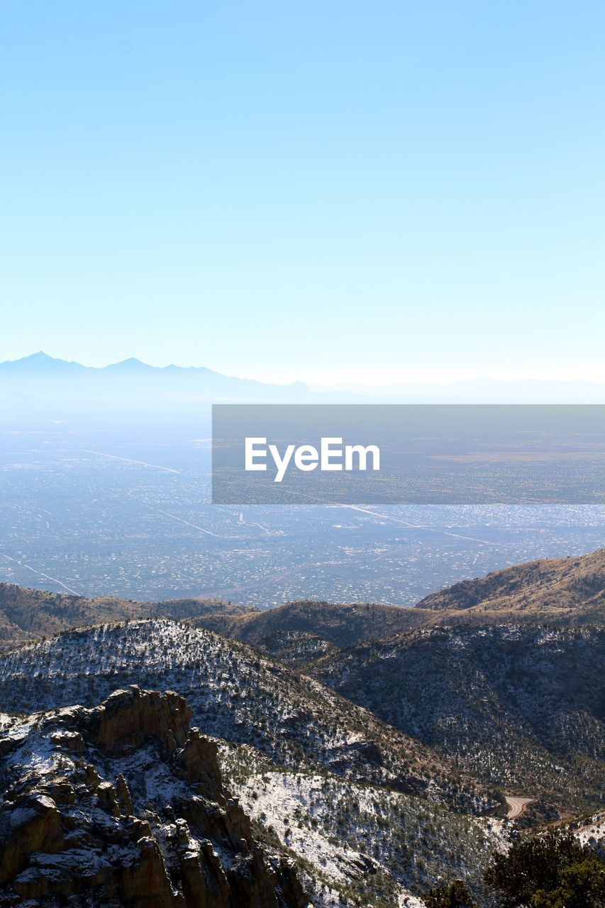 High angle view of city against clear sky