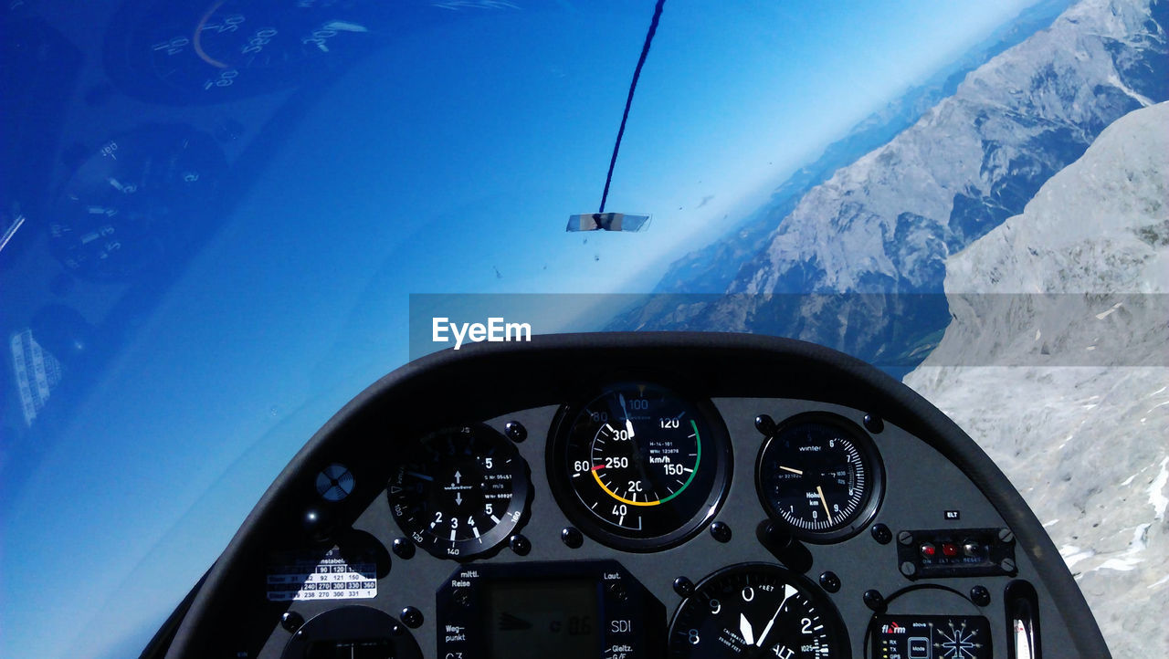 Glider plane cockpit in the austrian alps.