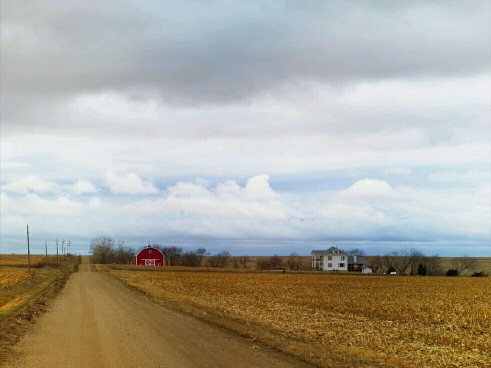 ROAD PASSING THROUGH FIELD AGAINST CLOUDY SKY