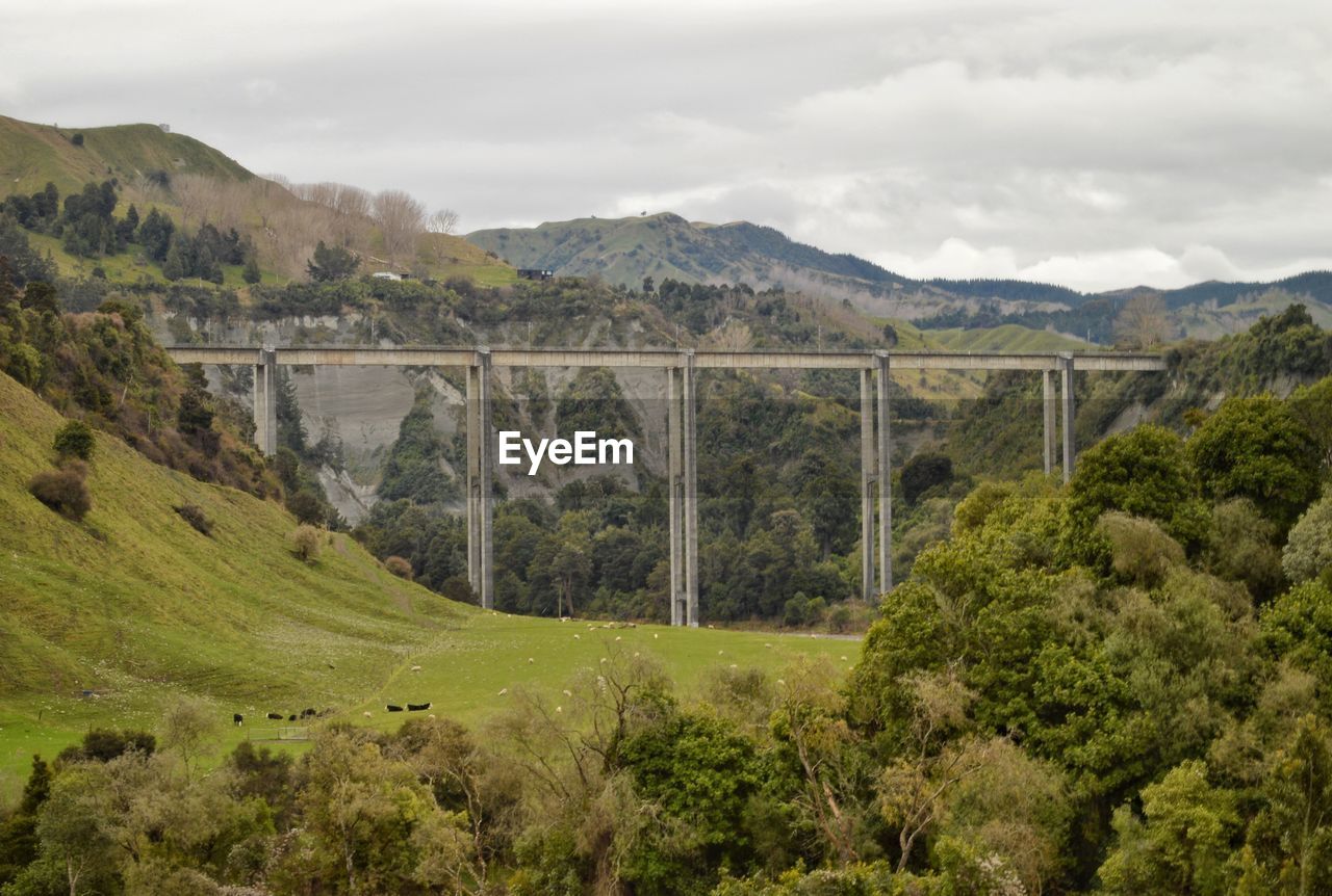 Scenic view of landscape and bridge against sky