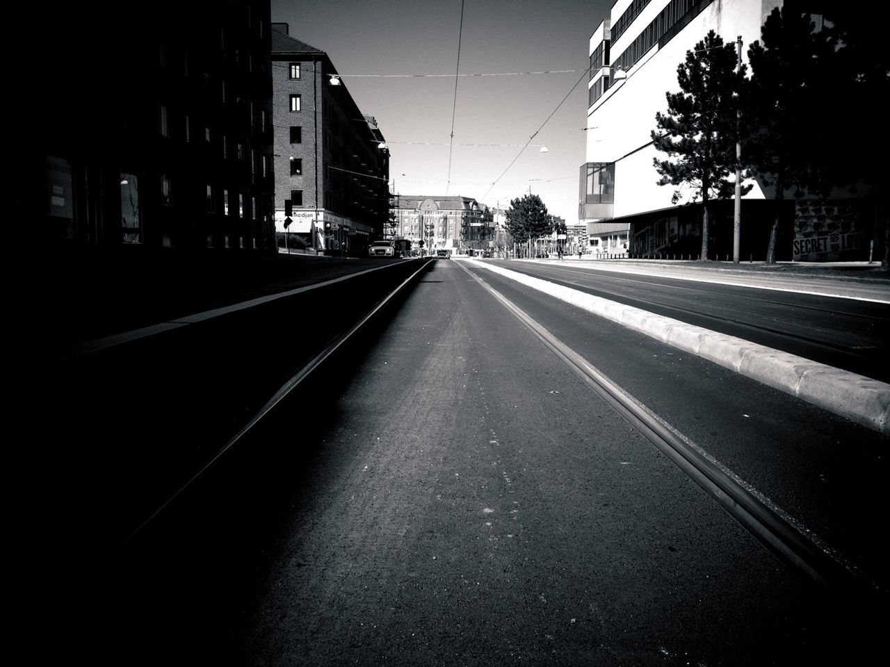 View along empty city road