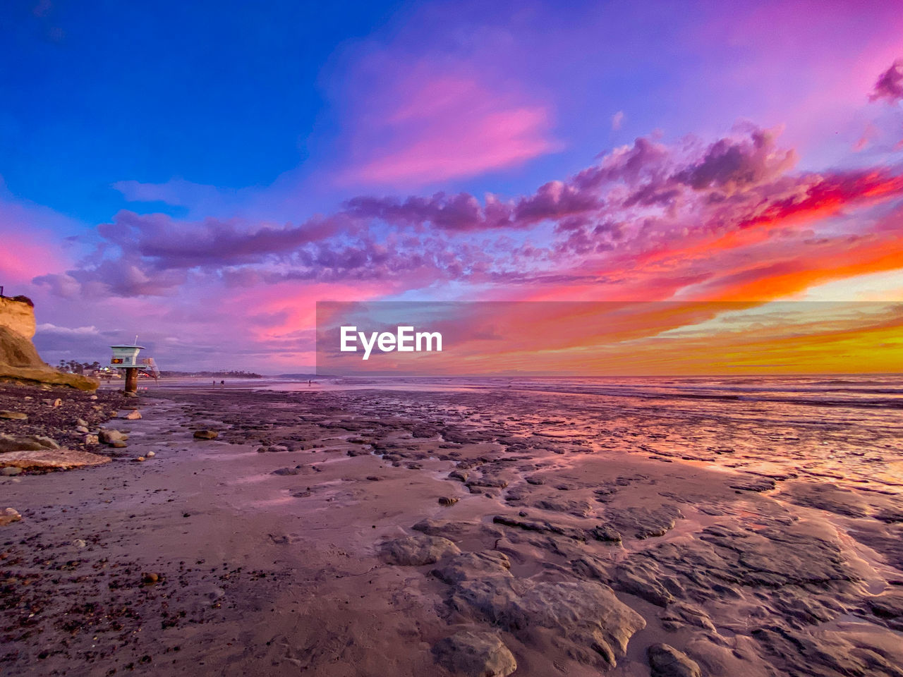 Scenic view of beach against sky during sunset