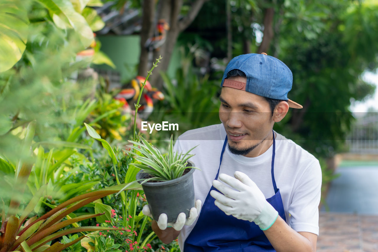 Botanist holding plant at shop