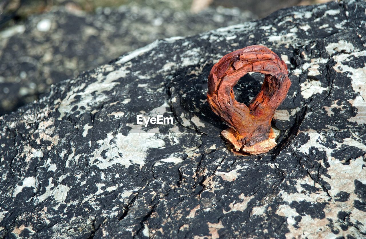 Rusty hook mounted in rock