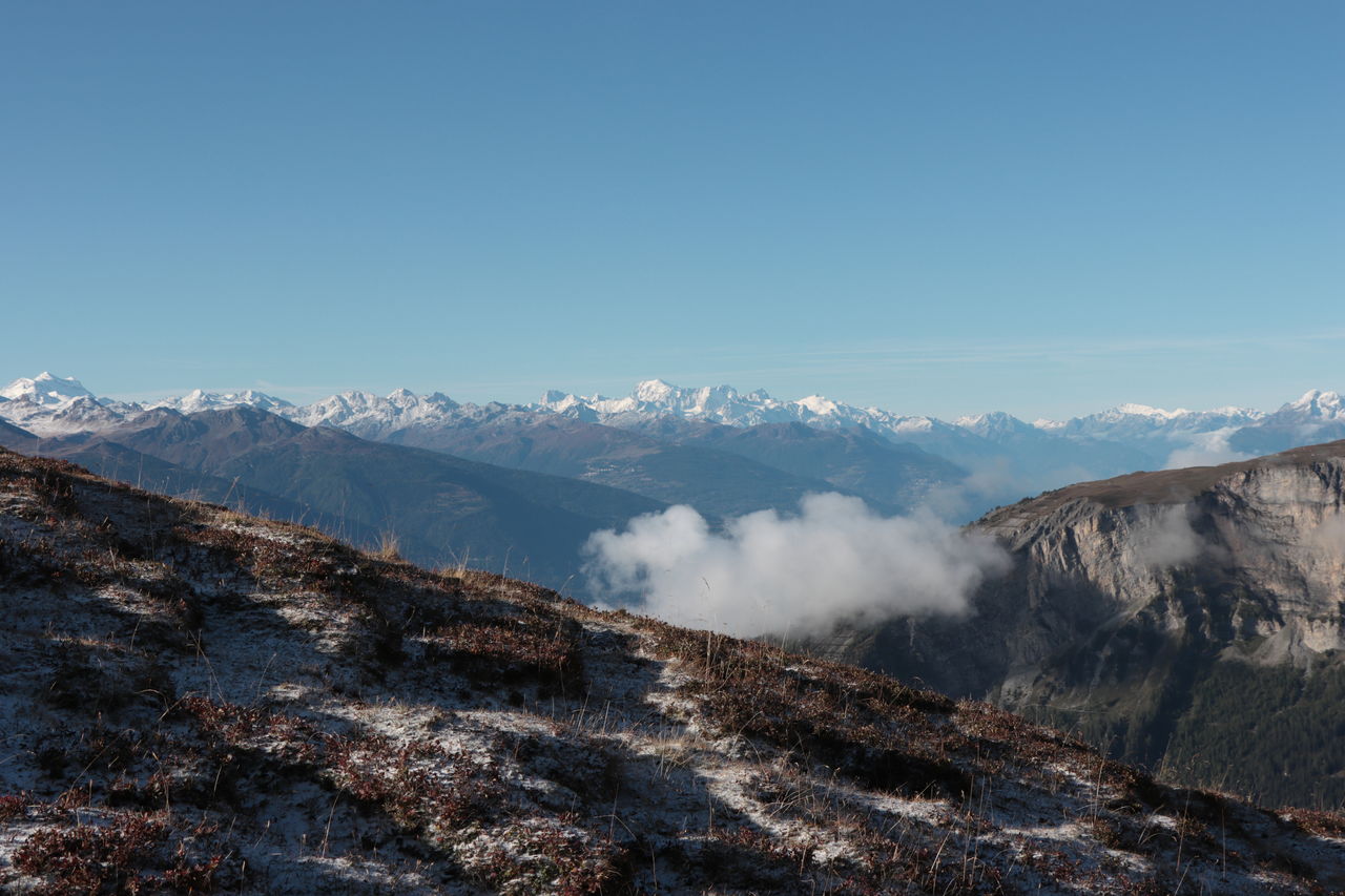 Snow covered mountains in the canton of wallis, switzerland. alpine panorama. torrent, leukerbad.