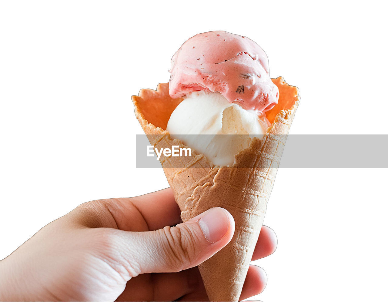 ice cream cone, ice cream, frozen food, frozen, dairy, hand, sweet food, cone, sweet, food and drink, food, dessert, gelato, vanilla ice cream, white background, chocolate ice cream, finger, holding, cut out, one person, unhealthy eating, cold temperature, cream, freshness, studio shot, indoors, sorbet, fast food