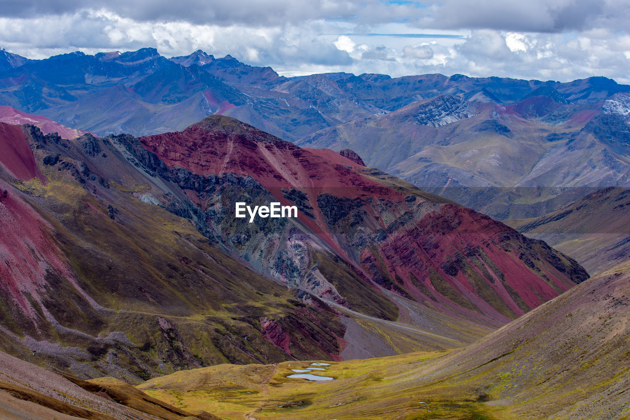 Scenic view of red mountains against cloudy sky