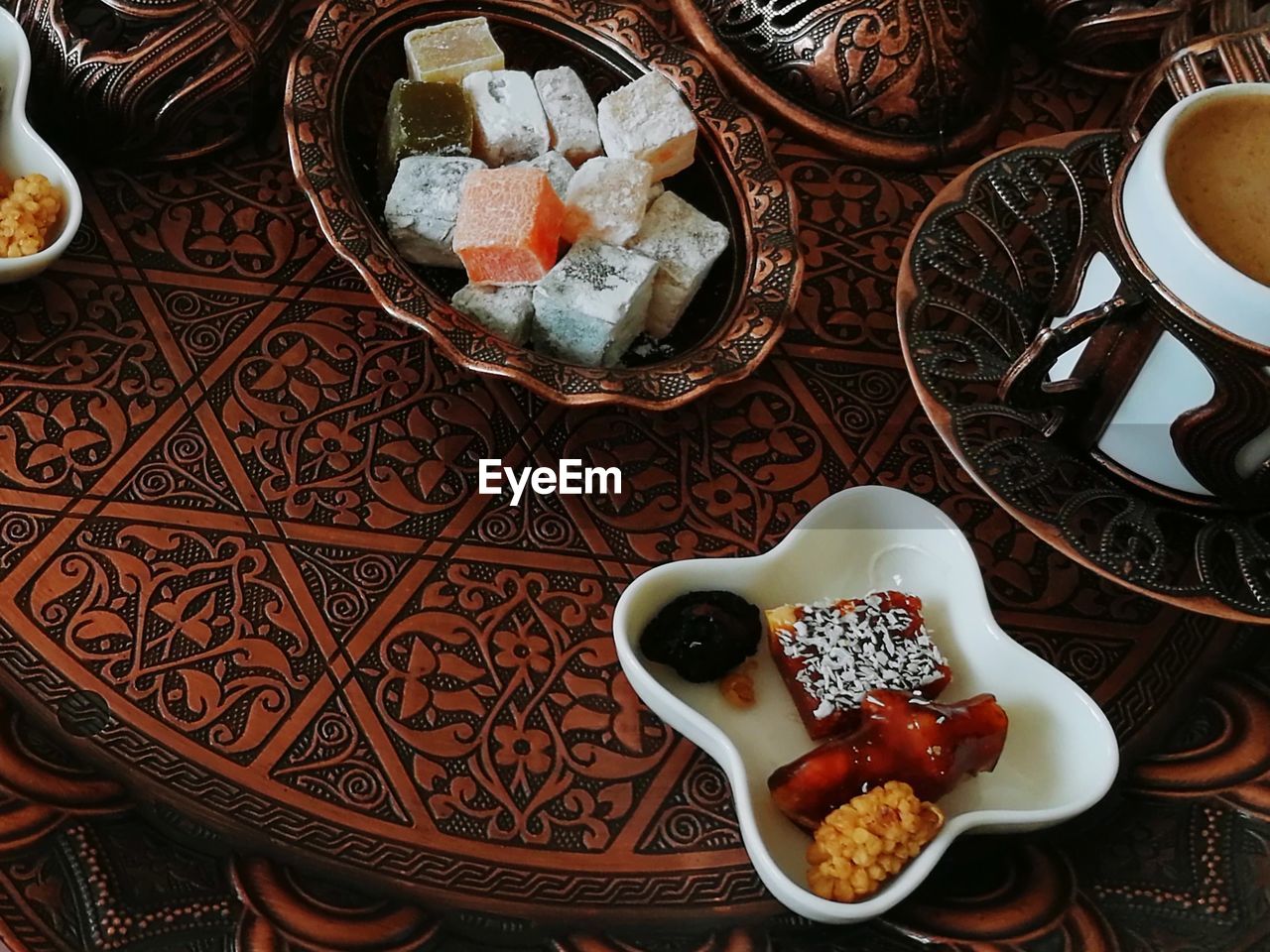 High angle view of breakfast served on table