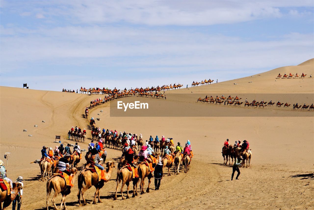 Tourists enjoy a camel ride in desert mountain at mingsha shan