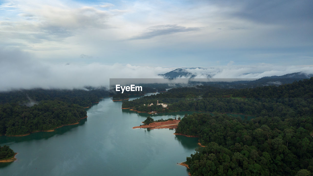 Aerial view of kenyir lake in the morning.