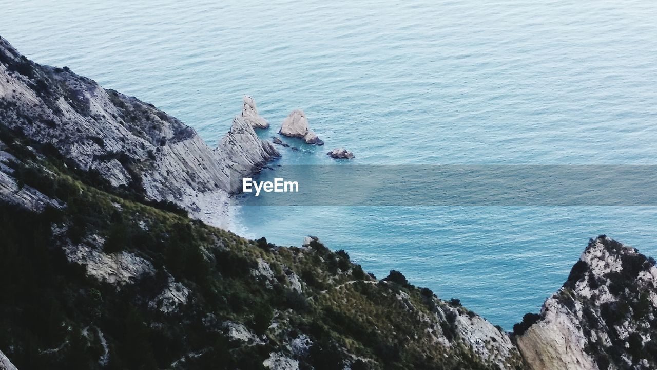 HIGH ANGLE VIEW OF SEA BY SHORE