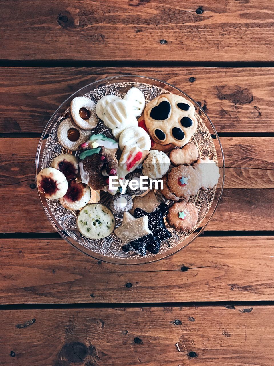 Directly above shot of dessert on wooden table