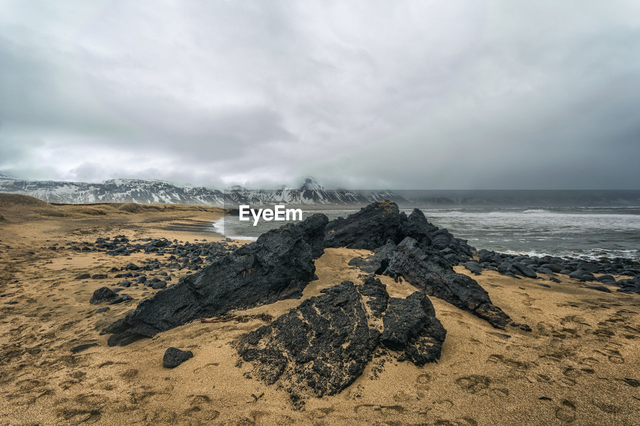 Scenic view of beach against cloudy sky during winter