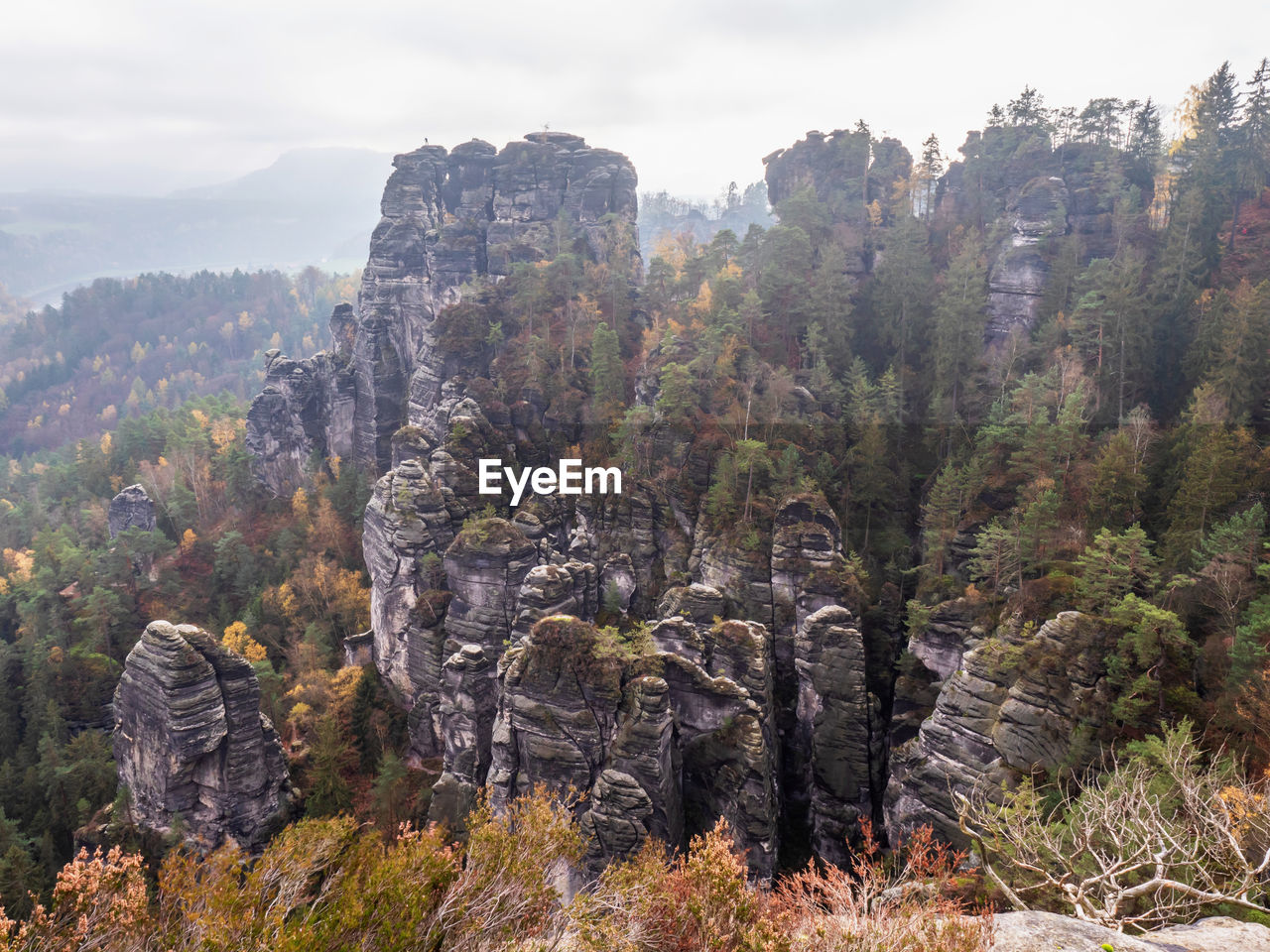 Rocks formation at bastei bridge in saxon switzerland germany on colorful sunny day in autumn
