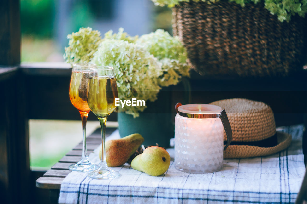 Close-up of fruits in glass on table