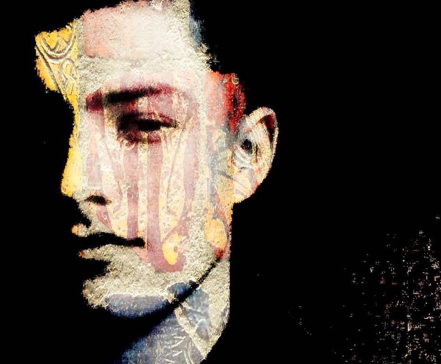 Digital composite image of young man and painting against black background