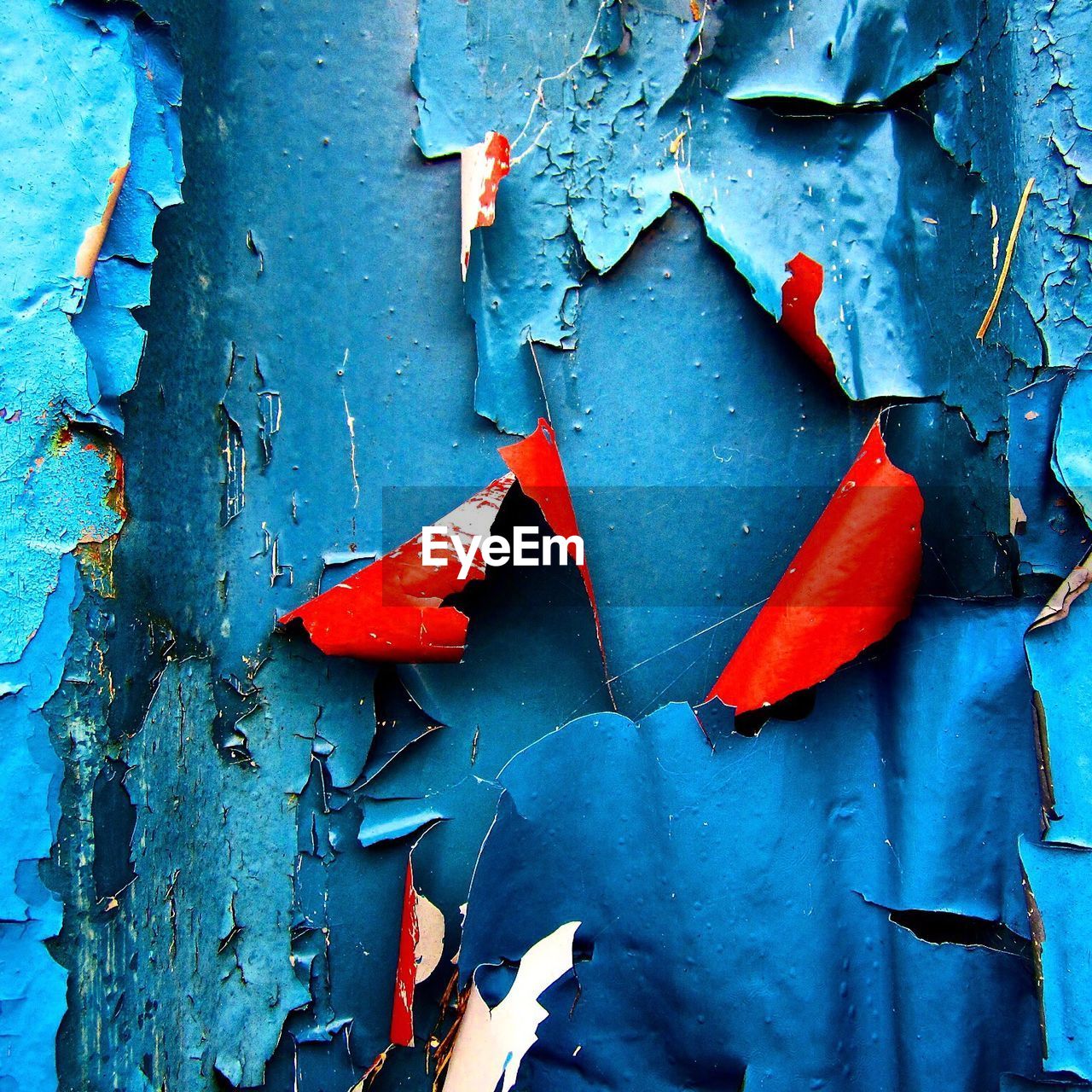 Close-up shot of patches of peeling blue paint with red undersides