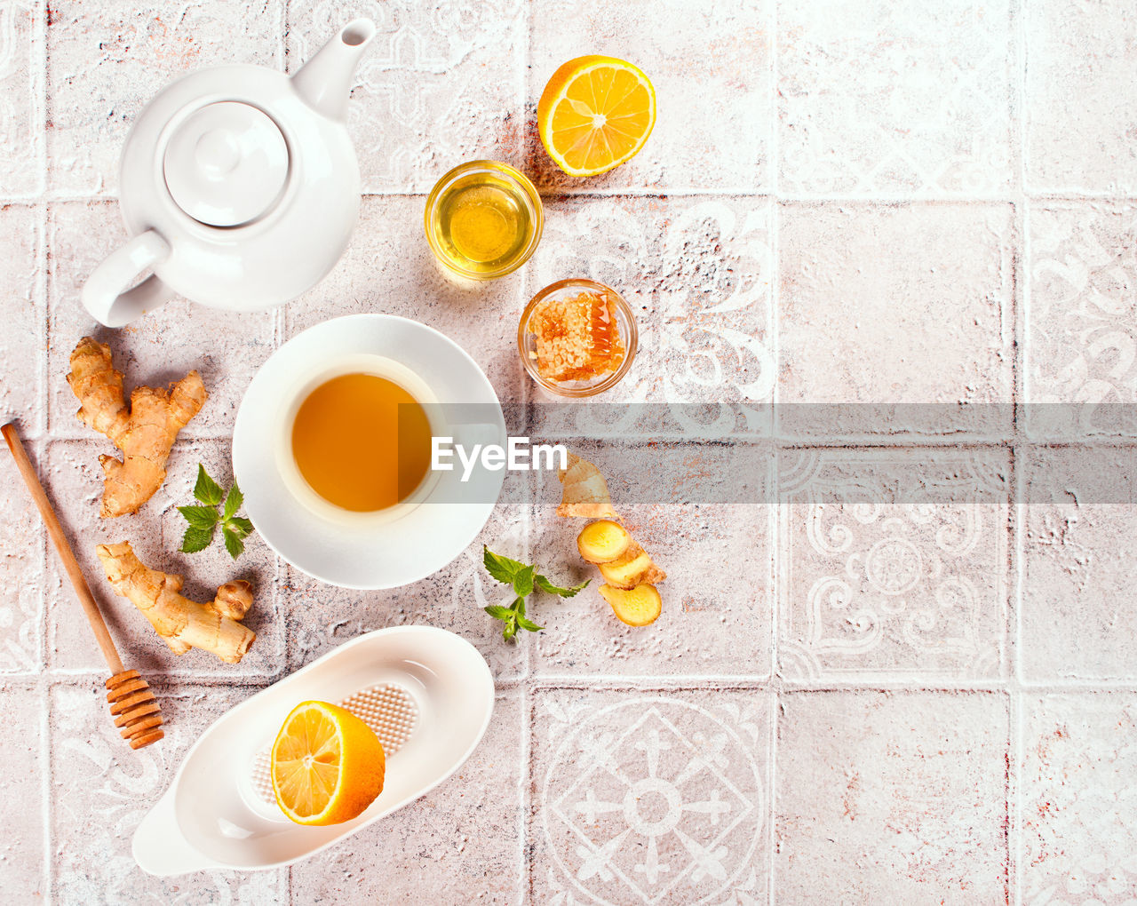 Refreshing ginger tea with lemon, mint leaf and honey