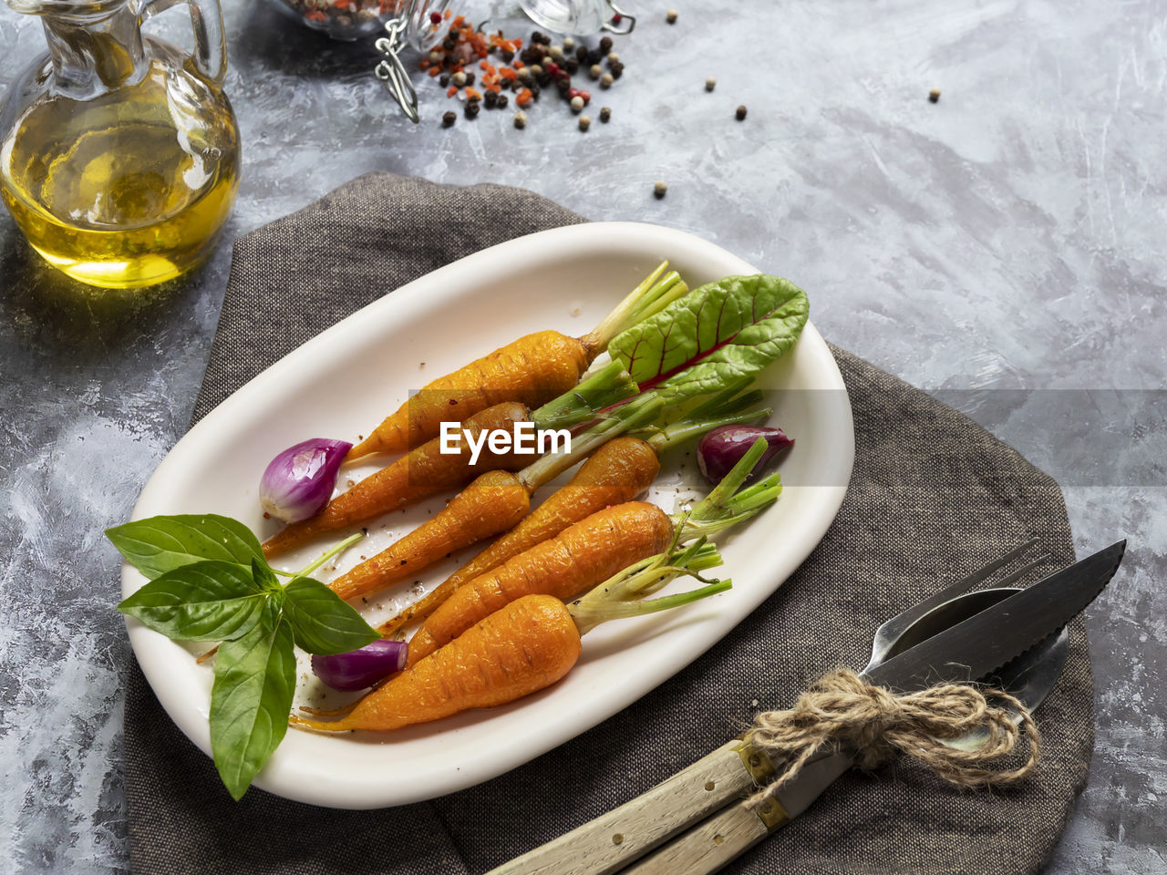 high angle view of food served in plate on table