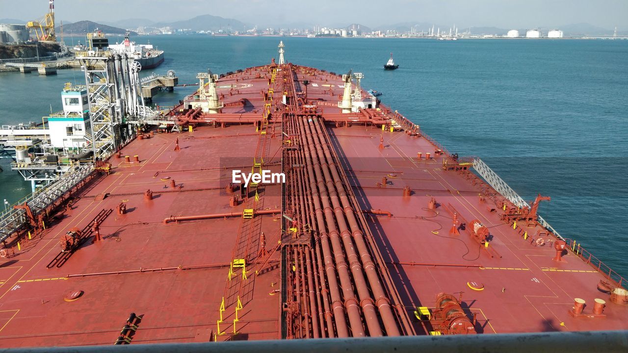High angle view of container ship at dock