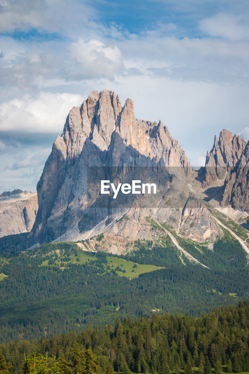 Scenic view of sassolungo langkofel peak in summer against sky 