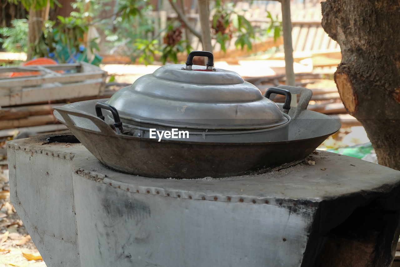 Close-up of old rice cooker at thailand