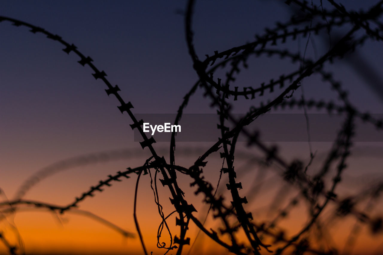 Low angle view of silhouette barbed wire against sky during sunset