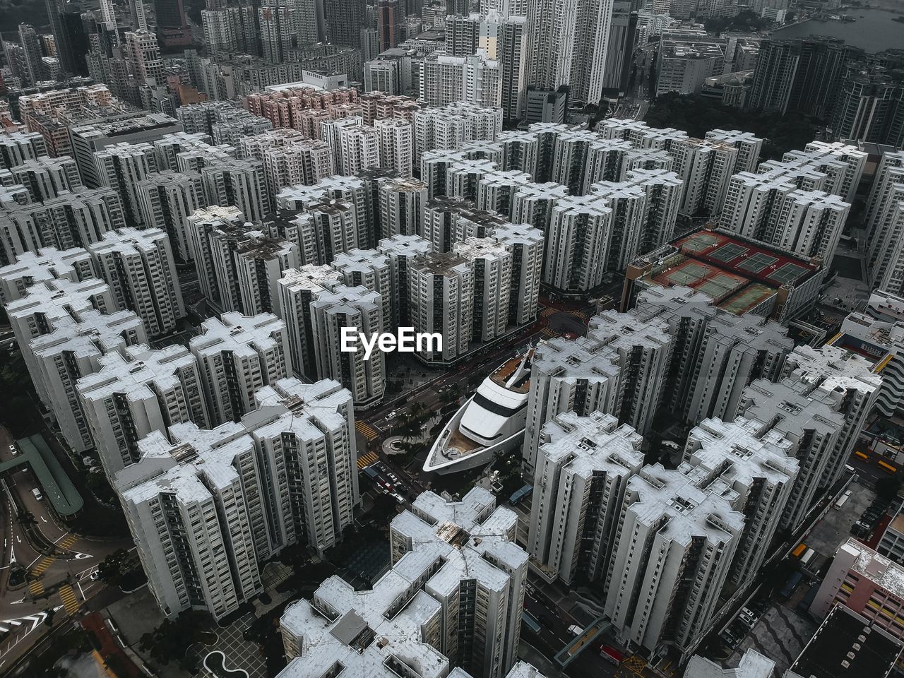 High angle view of buildings in city