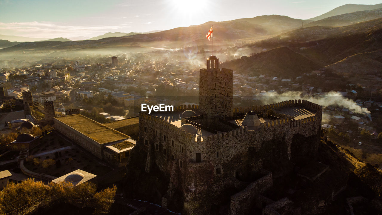 High angle view of castle against sky during sunset