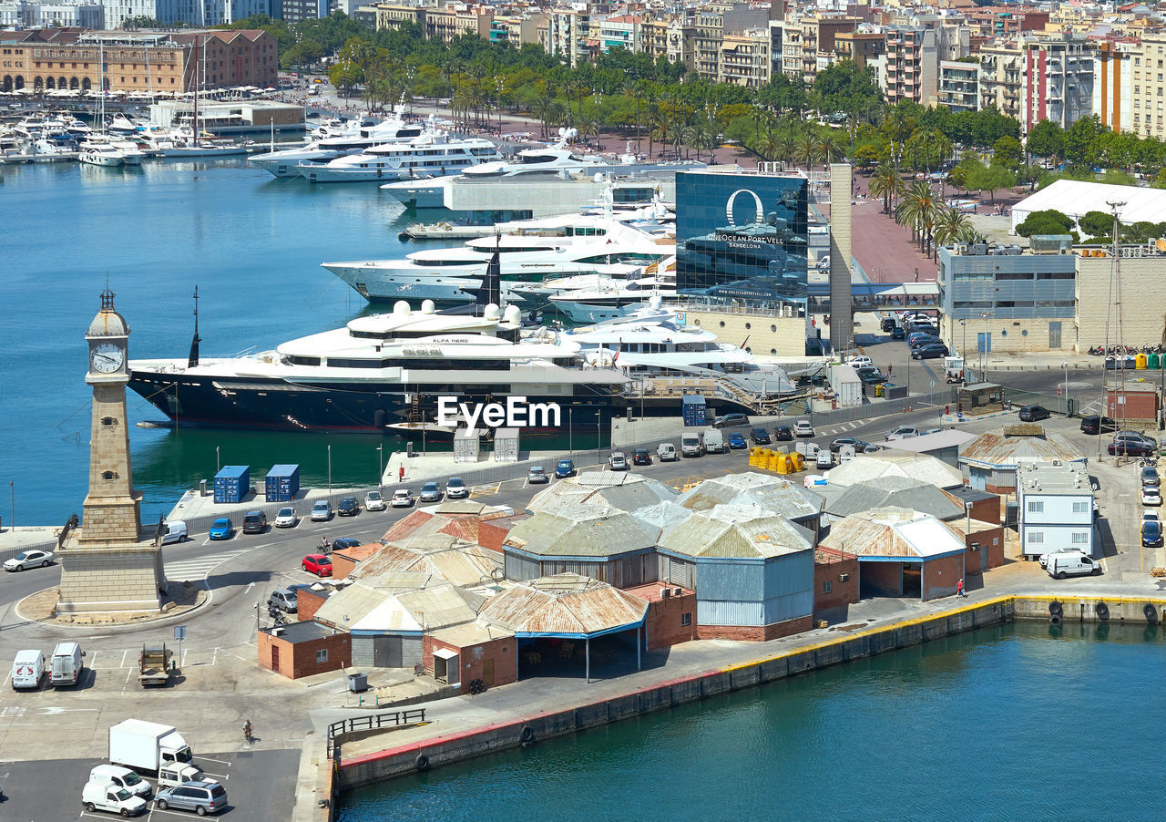 HIGH ANGLE VIEW OF HARBOR BY BUILDINGS