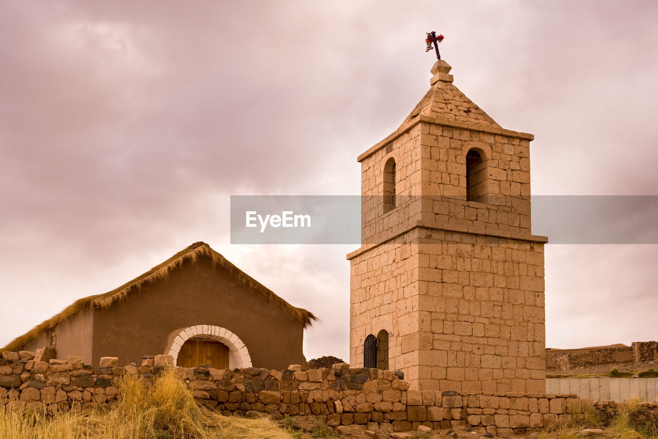 San bartolome church built of stone and adobe, socaire, atacama desert, antofagasta region, chile