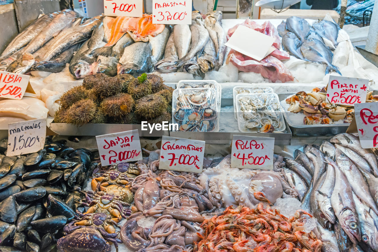 Fresh seafood and fish for sale at a market in santiago de chile