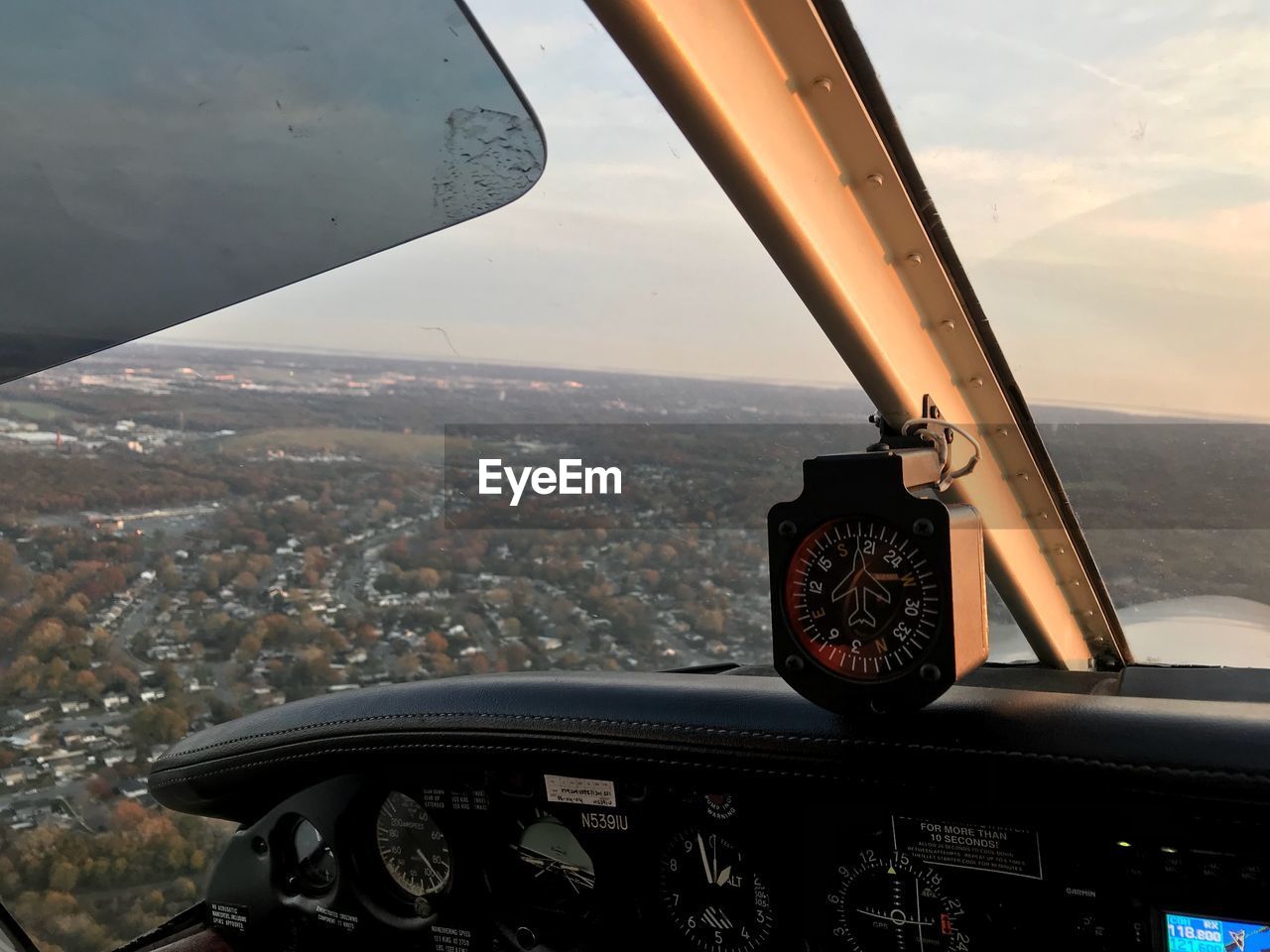 Cityscape seen through airplane window