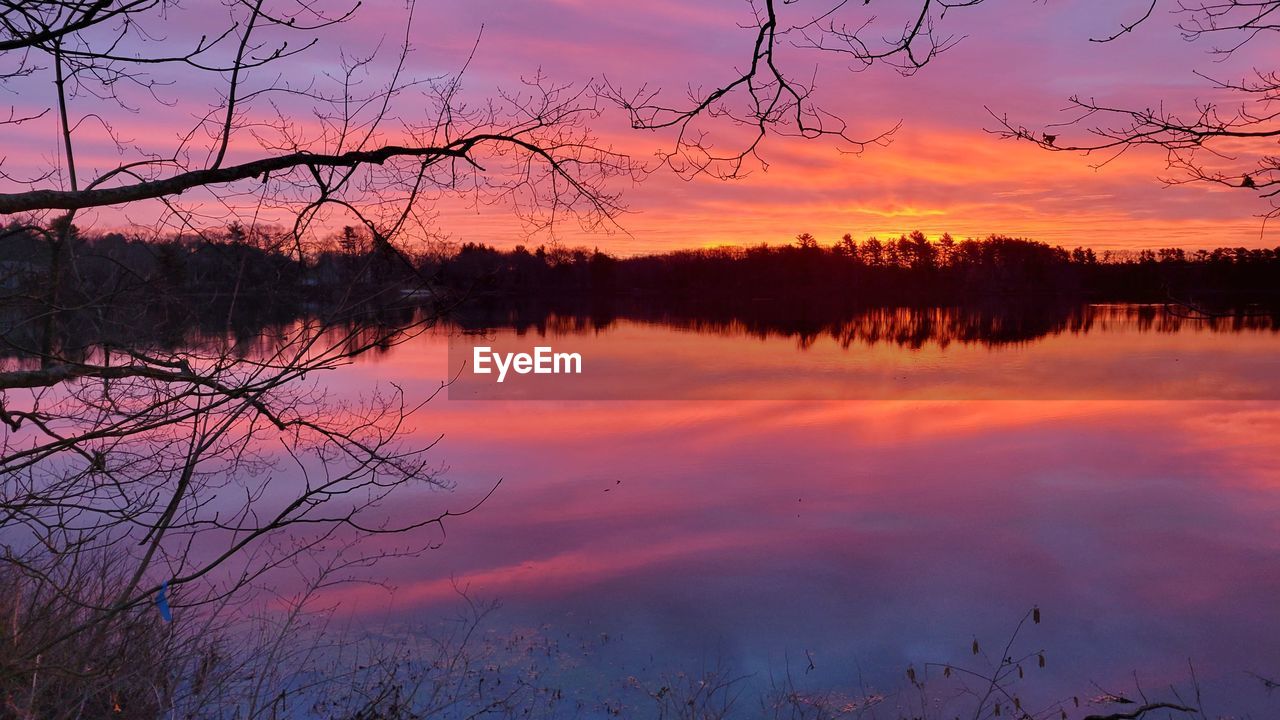 water, sky, beauty in nature, tree, reflection, scenics - nature, tranquility, lake, sunset, plant, nature, cloud, tranquil scene, dawn, landscape, environment, no people, evening, bare tree, pink, idyllic, non-urban scene, silhouette, afterglow, orange color, sun, red sky at morning, outdoors, land, forest, branch, twilight, multi colored, travel destinations, dramatic sky, reflection lake, autumn, tourism, fog, standing water, travel, atmospheric mood