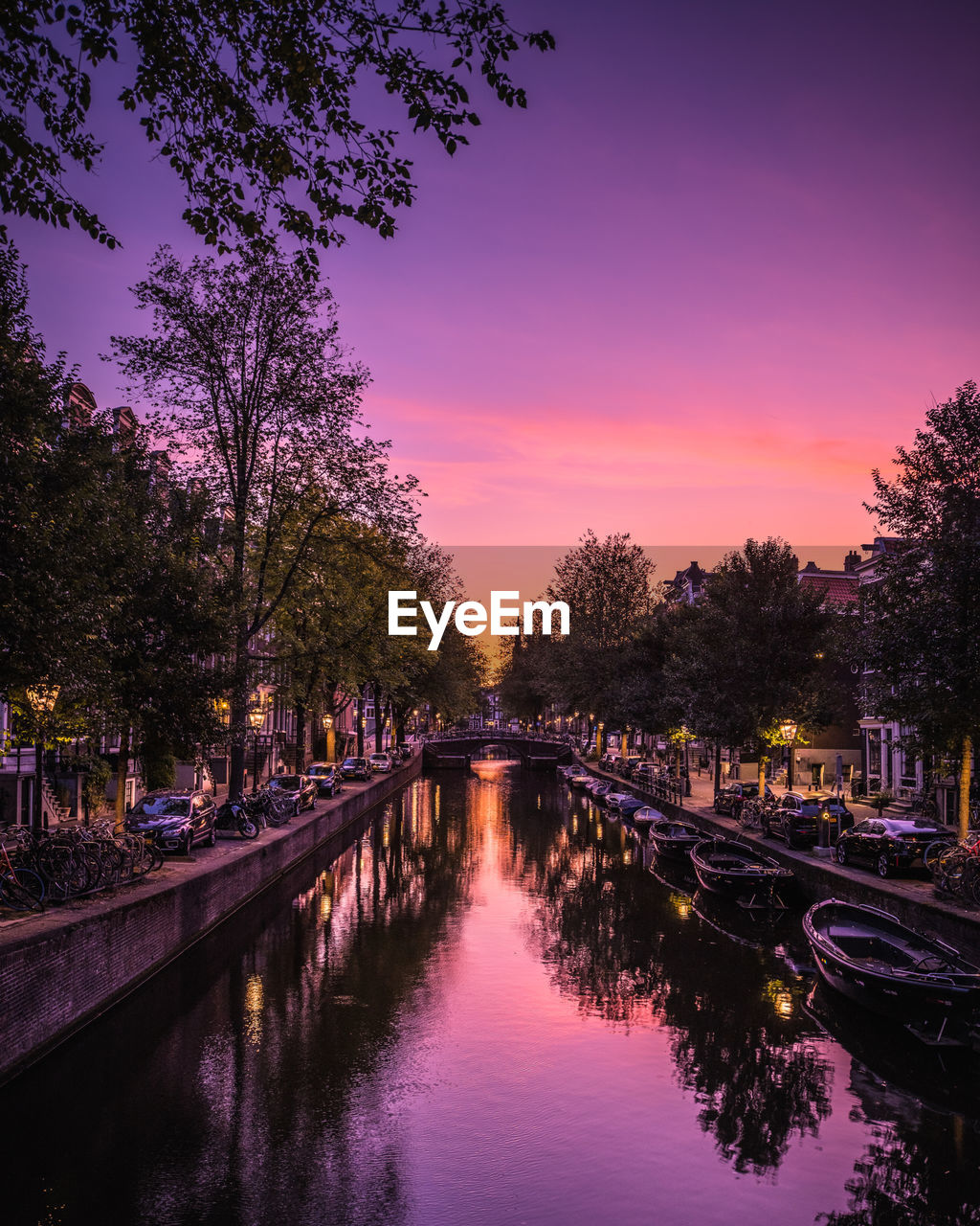 Canal amidst trees against sky during sunset