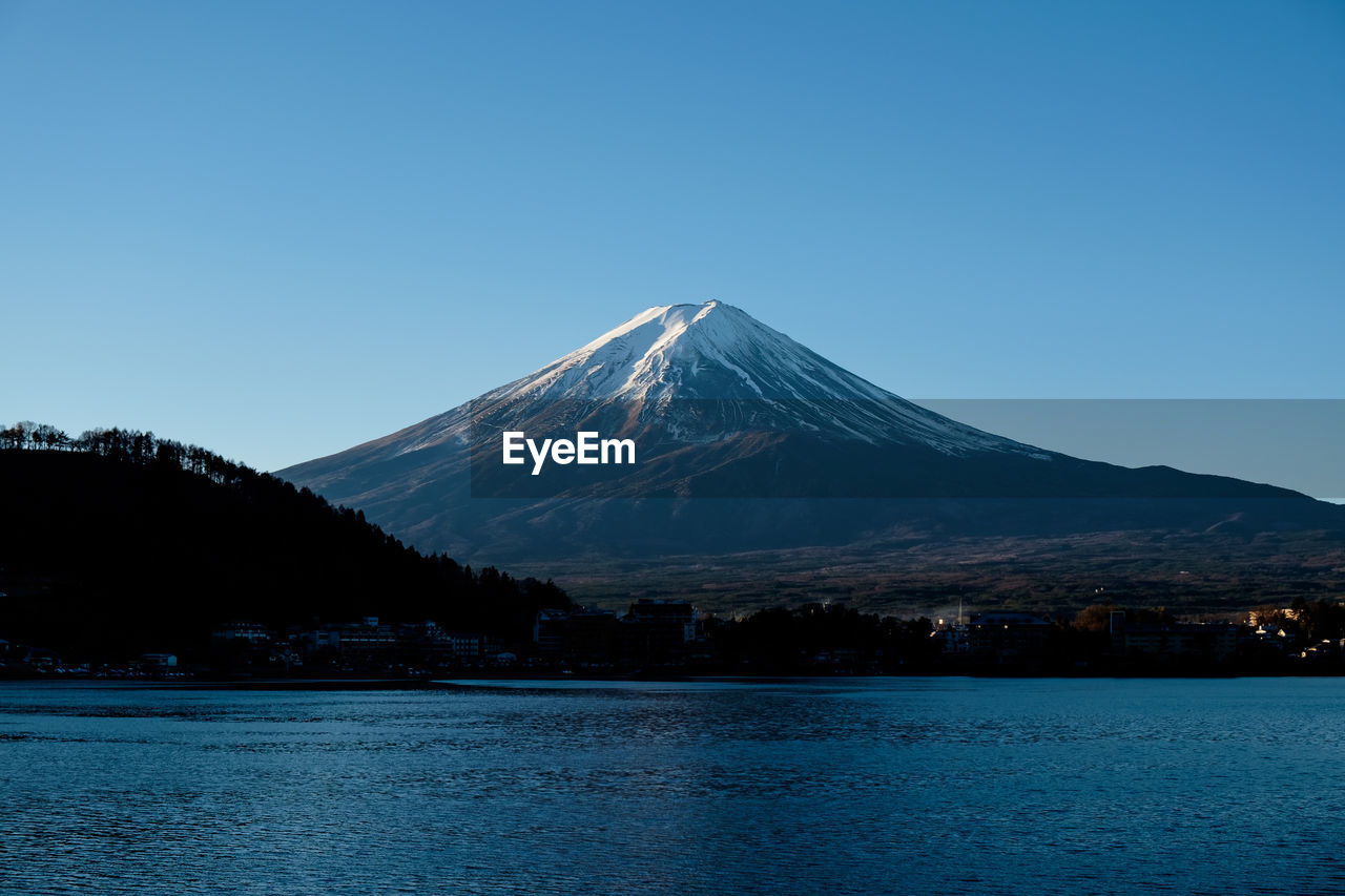 Scenic view of snowcapped mountain against blue sky