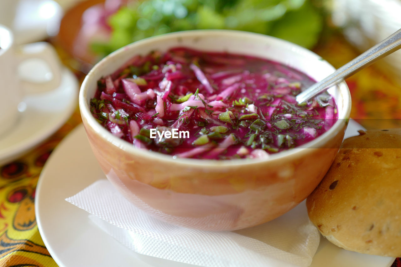 High angle view of soup in bowl on table