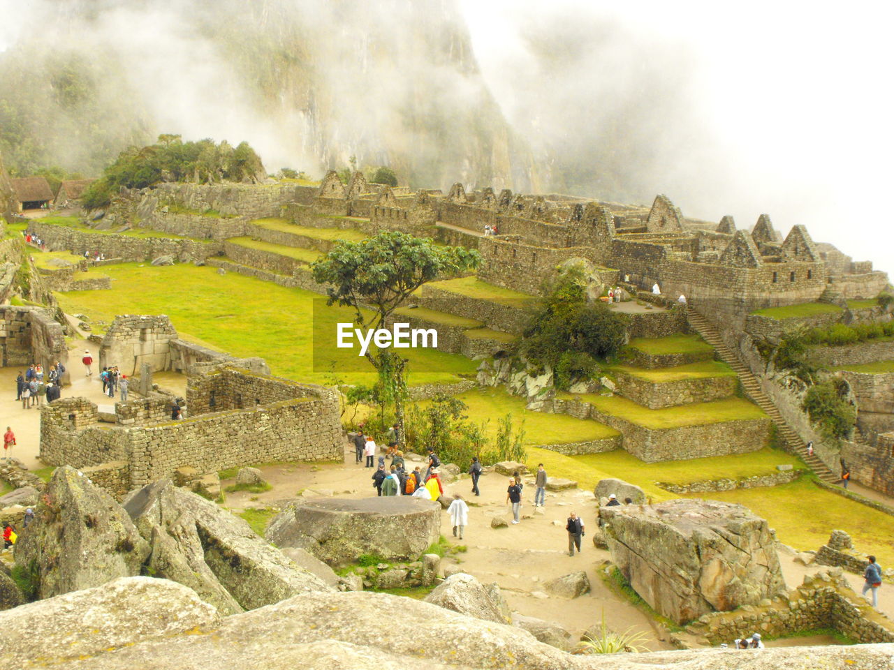 High angle view of people at historic machu picchu