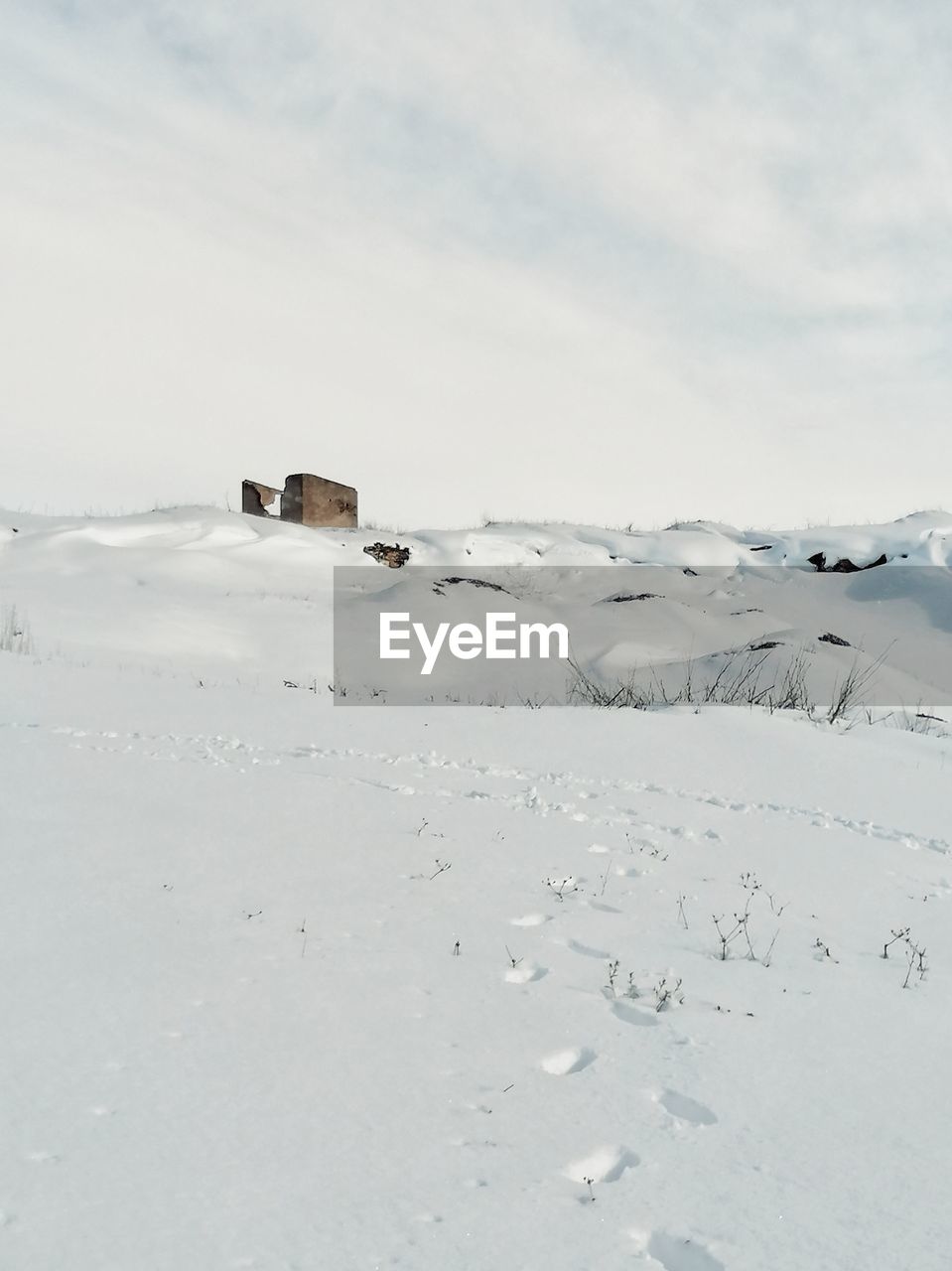 SCENIC VIEW OF SNOW COVERED FIELD AGAINST SKY