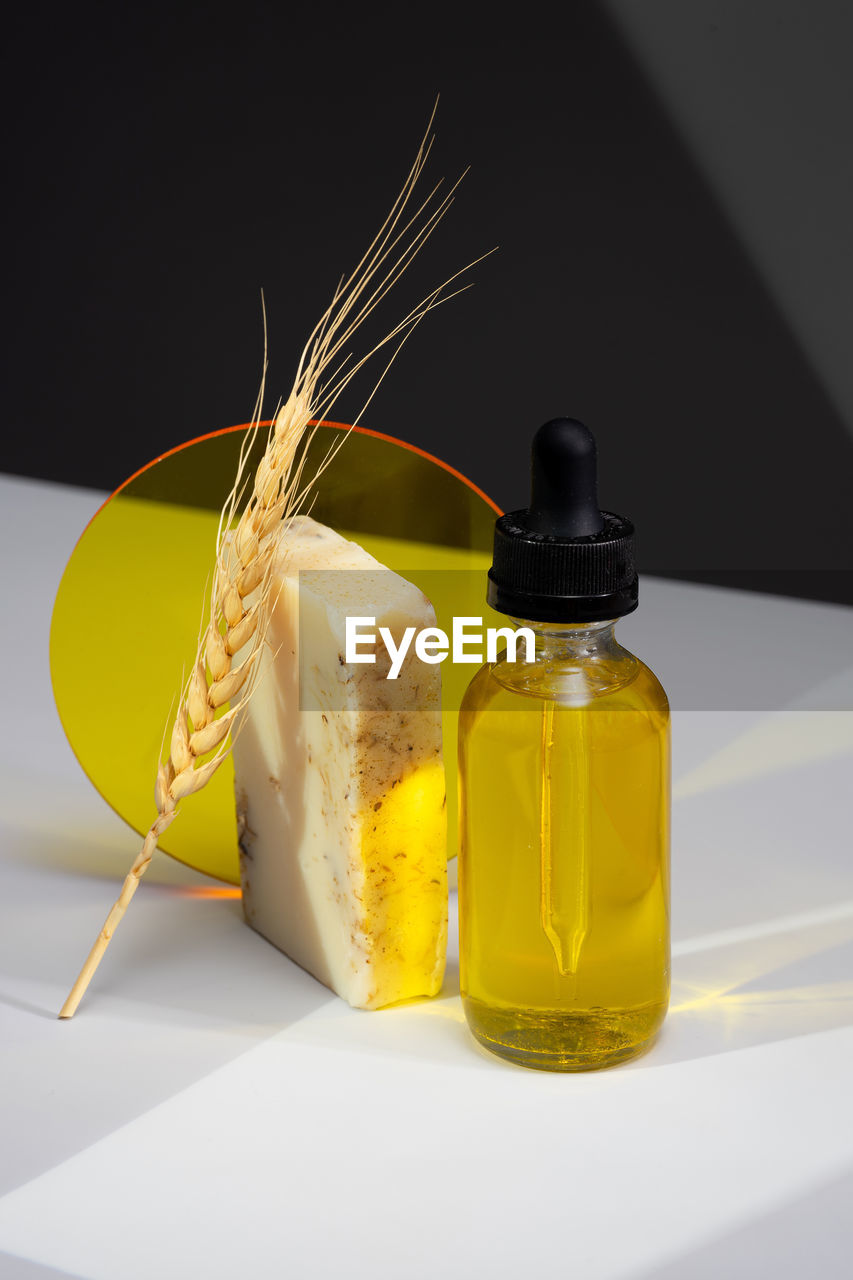 Creative, modern still life with natural cosmetics for body, skin and hair. isometric projection