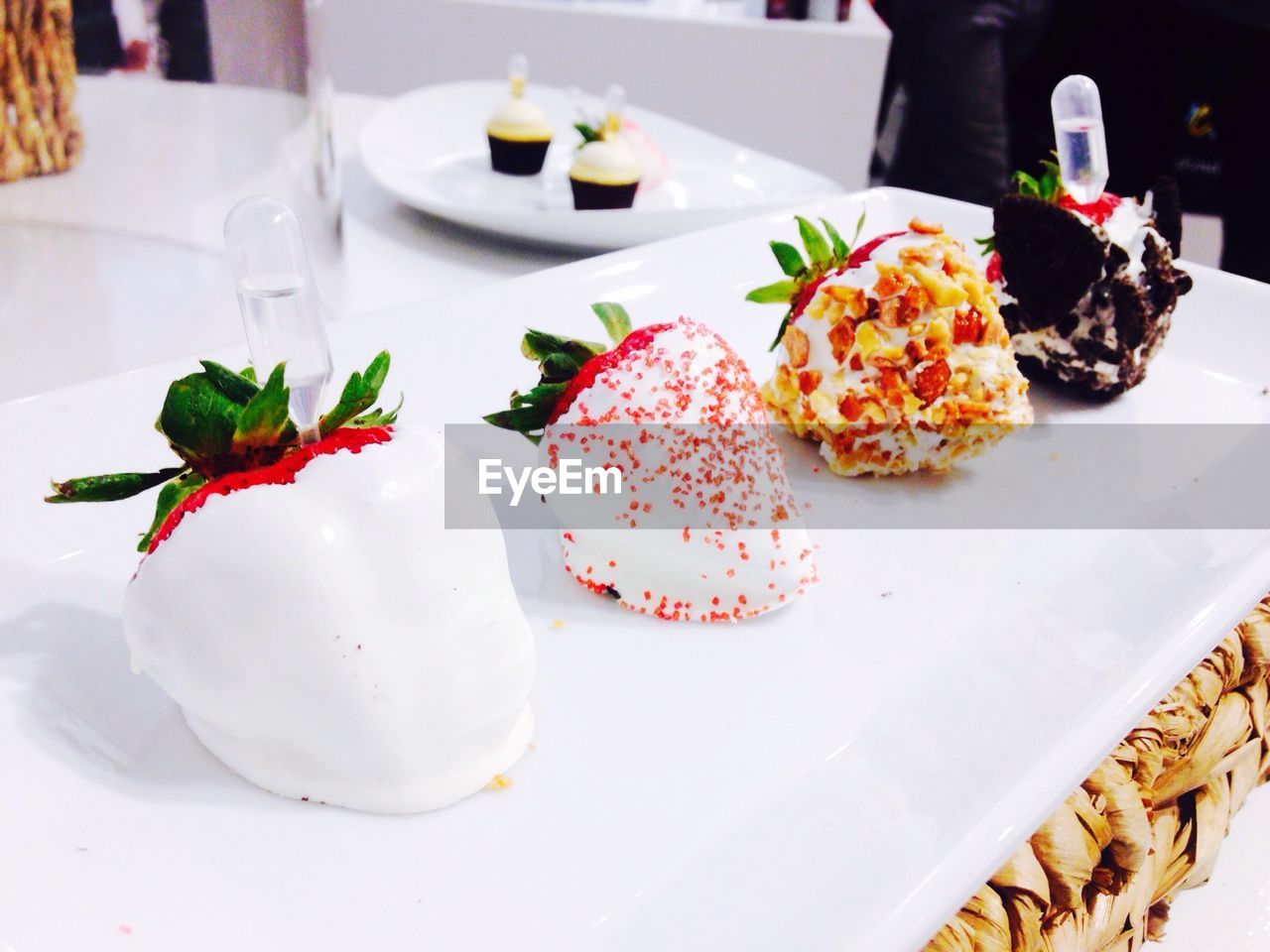 Close-up of desserts served on table