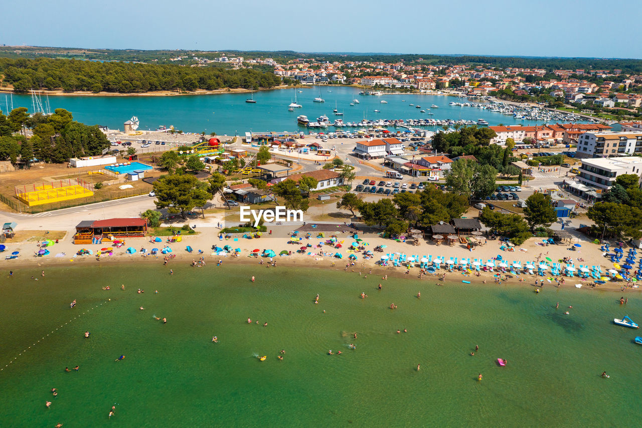 Aerial view of the beach in medulin town in istra, croatia