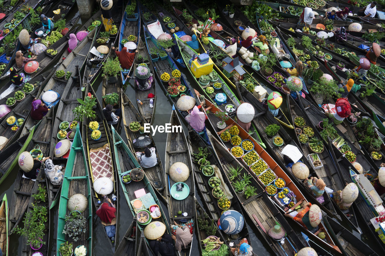 High angle view of boats at market 